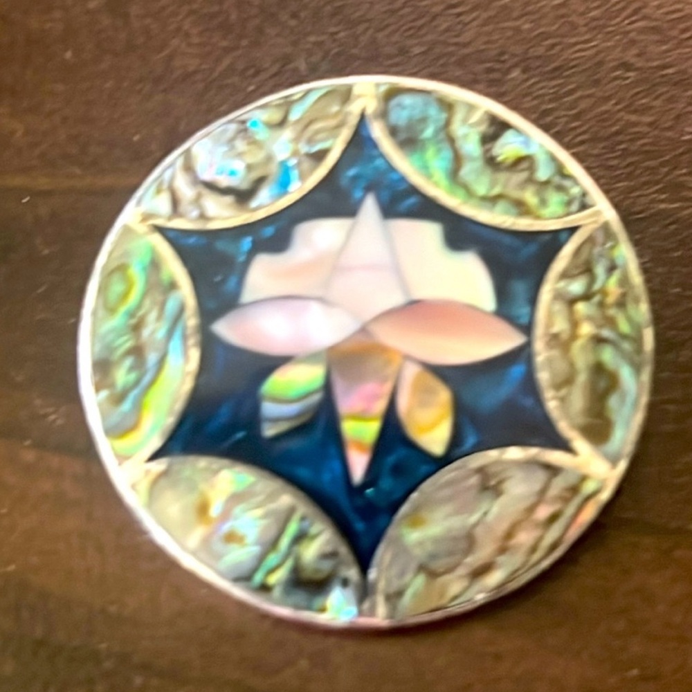 Abalone Shell Inlay Mexican Alpaca Brooch or Pendant